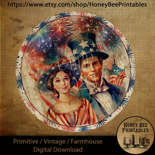 Vintage Primitive Farmhouse Digital Download Printable 10 inch Round Sublimation Decoupage Patriots Independence Celebration Two Signs USA