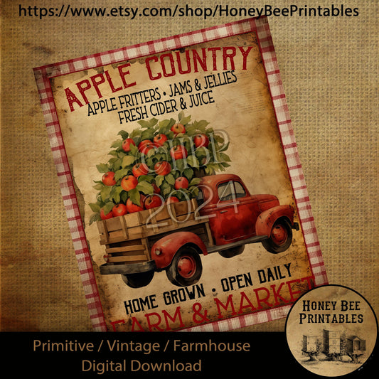 Vintage Primitive Farmhouse Digital Download Printable Sublimation Decoupage Labels, Old Truck, Apples, Apple Country, Farmers Market, Fruit