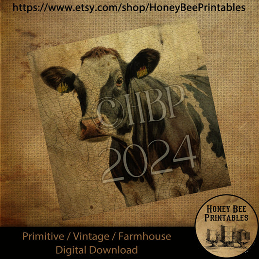 Vintage Primitive Farmhouse Digital Download Printable Sublimation Decoupage Labels Patriotic Grungy Black and White Cow, Holstein, Farm