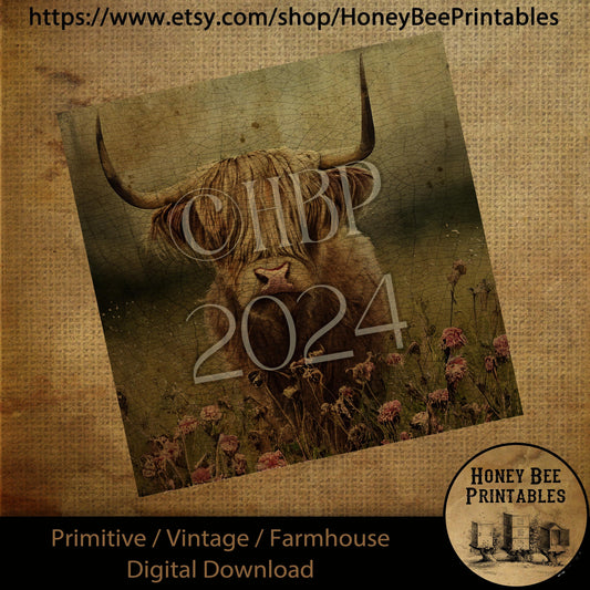 Vintage Primitive Farmhouse Digital Download Printable Sublimation Decoupage Labels Grungy Highland Cow, Cow, Farm, Crackle, Art Print