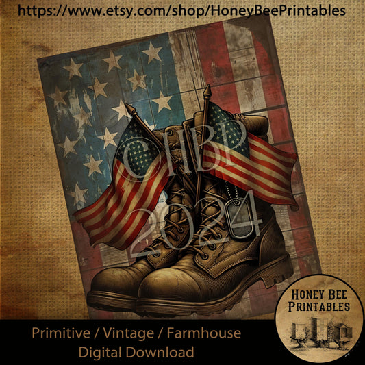 Vintage Primitive Farmhouse Digital Download Printable Sublimation Decoupage American Flag, Veteran, Memorial Day, Soldier, Boots, Dog Tags