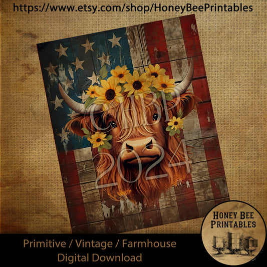 Vintage Primitive Farmhouse Digital Download Printable Sublimation Decoupage American Flag, Highland Cow, Sunflowers, USA, Grungy Flag, Cow