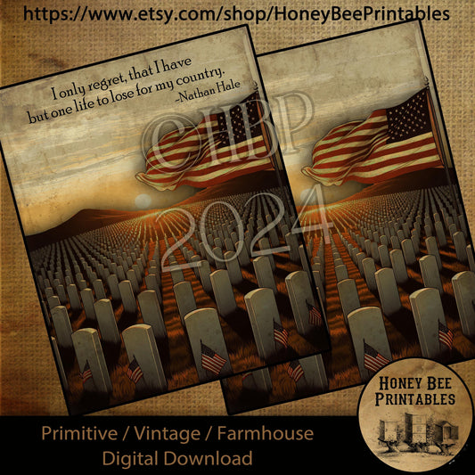 Vintage Primitive Farmhouse Digital Download Printable Sublimation Decoupage American Flag, Veteran, Memorial Day, Cemetery, Soldier, USA