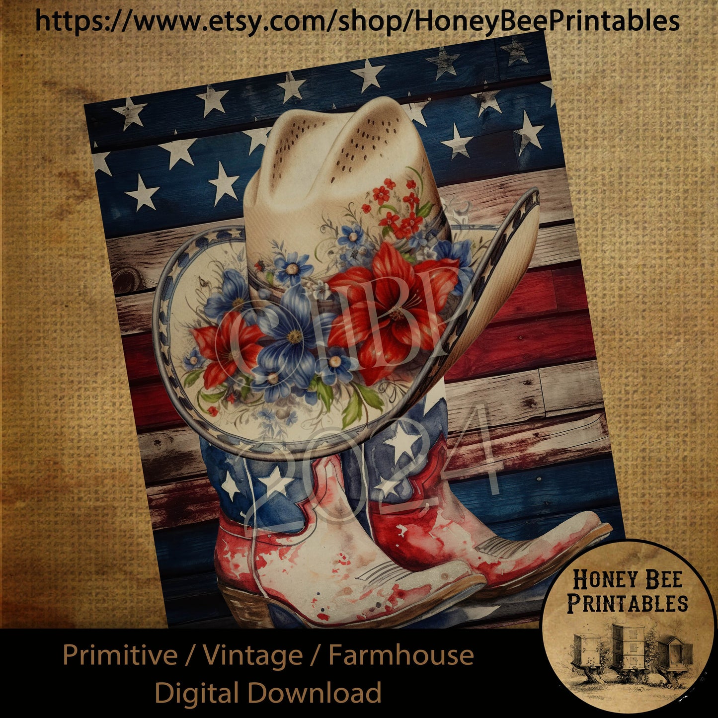 Vintage Primitive Farmhouse Digital Download Printable Sublimation Decoupage Americana Patriotic, Cowgirl Boots,Cowgirl Hats, Red White Blue
