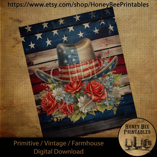 Vintage Primitive Farmhouse Digital Download Printable Sublimation Decoupage Americana Patriotic, Cowgirl Hat, Flowers, Red White Blue, USA