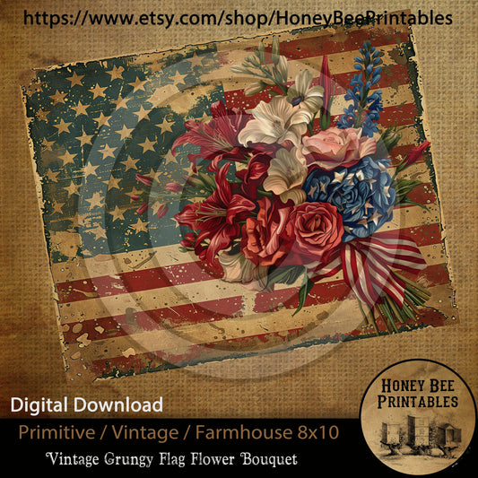 Vintage Primitive Farmhouse Digital Download Printable Sublimation Decoupage JPEG Labels Patriotic Grungy Flag Flower Bouquet USA America