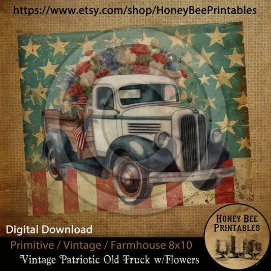 Vintage Primitive Farmhouse Digital Download Printable Sublimation Decoupage JPEG Labels Patriotic Grungy Flag Old Truck Stars USA America