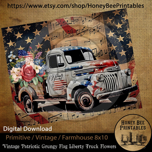 Vintage Primitive Farmhouse Digital Download Printable Sublimation Decoupage JPEG Labels Patriotic Grungy Flag Old Truck Liberty Flowers USA