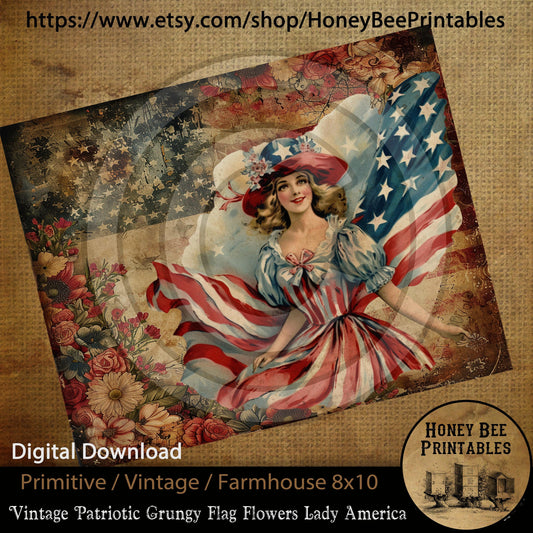 Vintage Primitive Farmhouse Digital Download Printable Sublimation Decoupage JPEG Labels Patriotic Grungy Flag Flowers USA Lady America