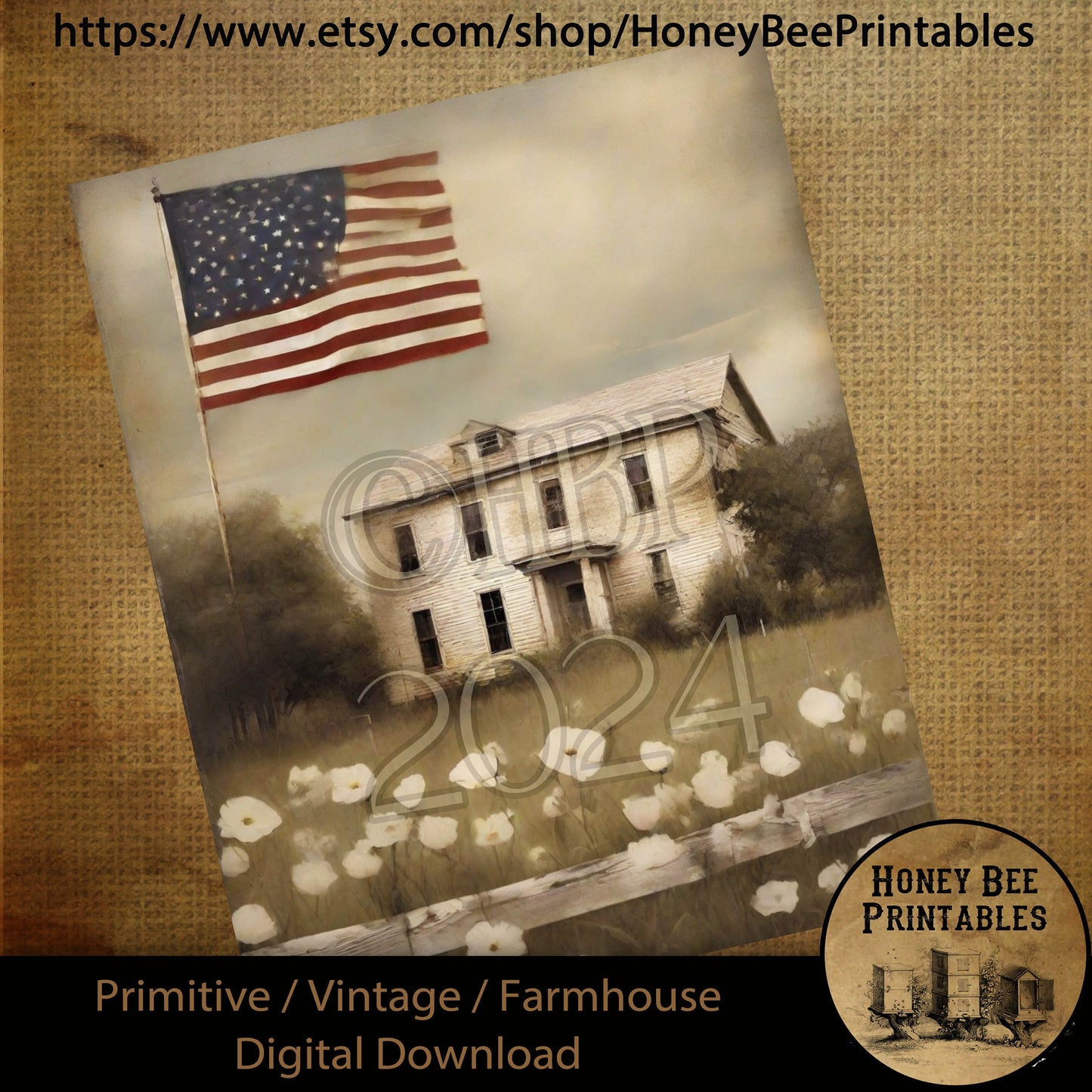 Vintage Prim Farmhouse Digital Download Printable Sublimate Decoupage American Patriotic White Shabby Farmhouse, Fence, Wildflowers, Flag