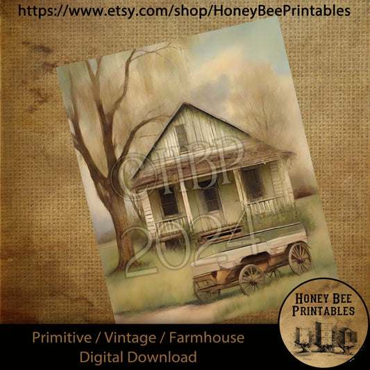 Vintage Farmhouse Digital Download Printable Sublimate Decoupage Primitive Old Farmhouse, Wagon, Weeping Willow, Farmhouse Scene, Farm