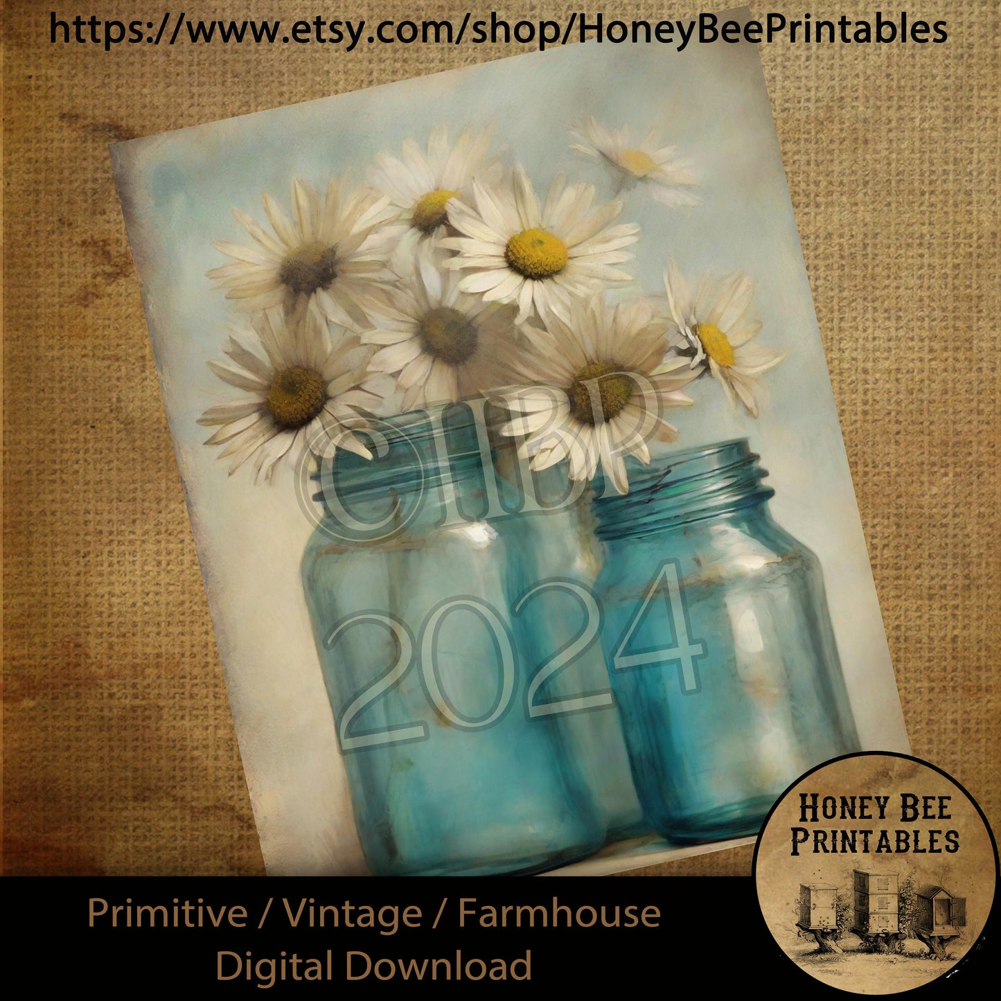 Vintage Farmhouse Digital Download Printable Sublimate Decoupage Primitive Old Antique Blue Canning Jars, Daisies, Wildflowers, Kitchen Art
