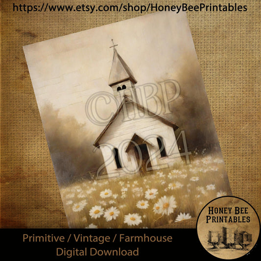 Vintage Farmhouse Digital Download Printable Sublimate Decoupage Primitive Old Shabby White Chapel, Church, Daisies, Sunday, Religious