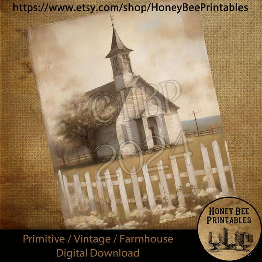Vintage Farmhouse Digital Download Printable Sublimate Decoupage Primitive Old Shabby White Chapel, Church, Wildflowers, Sunday, Religious
