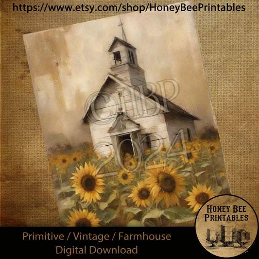 Vintage Farmhouse Digital Download Printable Sublimate Decoupage Primitive Old Shabby White Chapel, Church, Sunflowers, Sunday, Religious