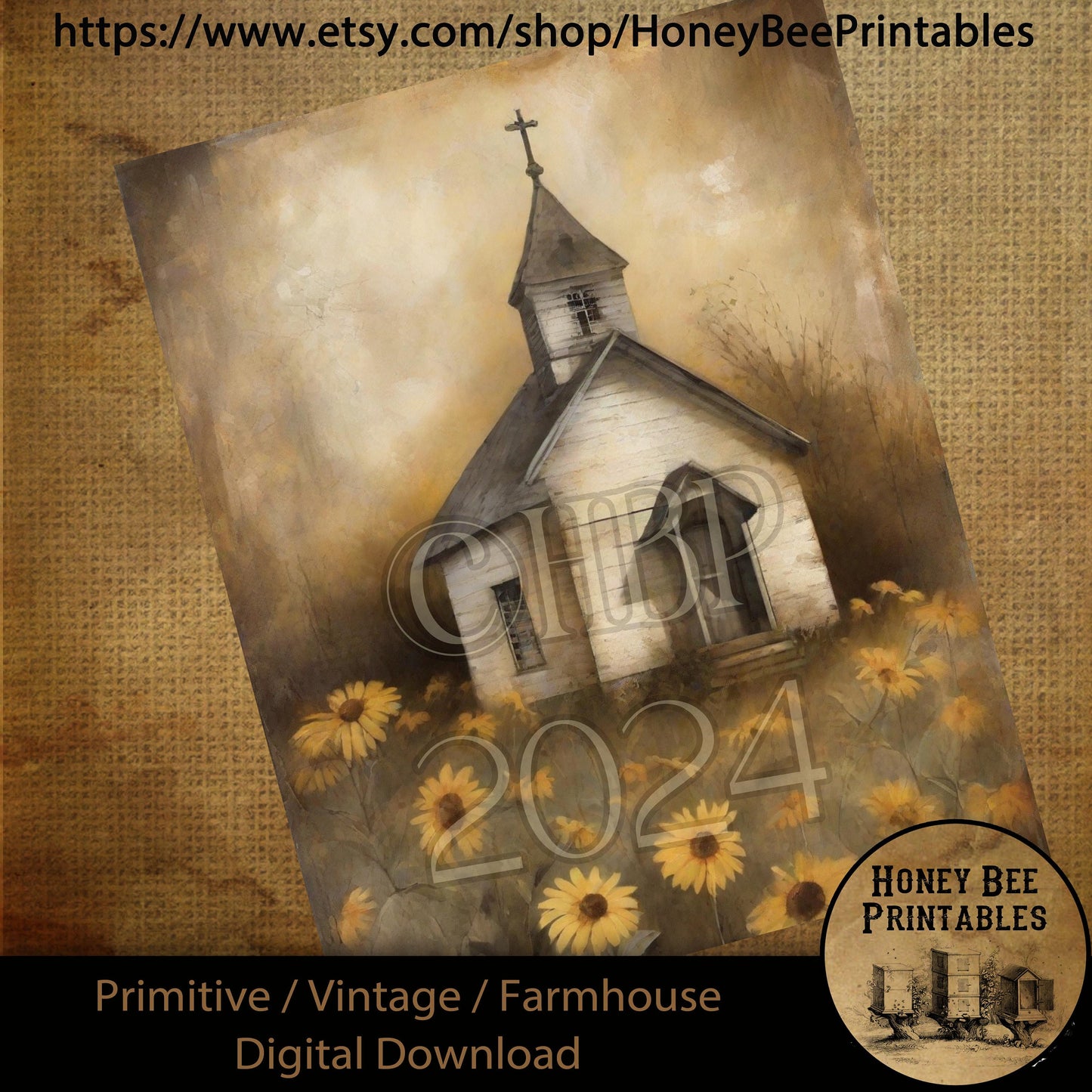 Vintage Farmhouse Digital Download Printable Sublimate Decoupage Primitive Old White Chapel, Church, Sepia, Grungy, Black-Eyed Susan Flowers