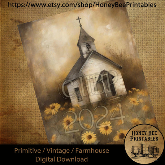 Vintage Farmhouse Digital Download Printable Sublimate Decoupage Primitive Old White Chapel, Church, Sepia, Grungy, Black-Eyed Susan Flowers