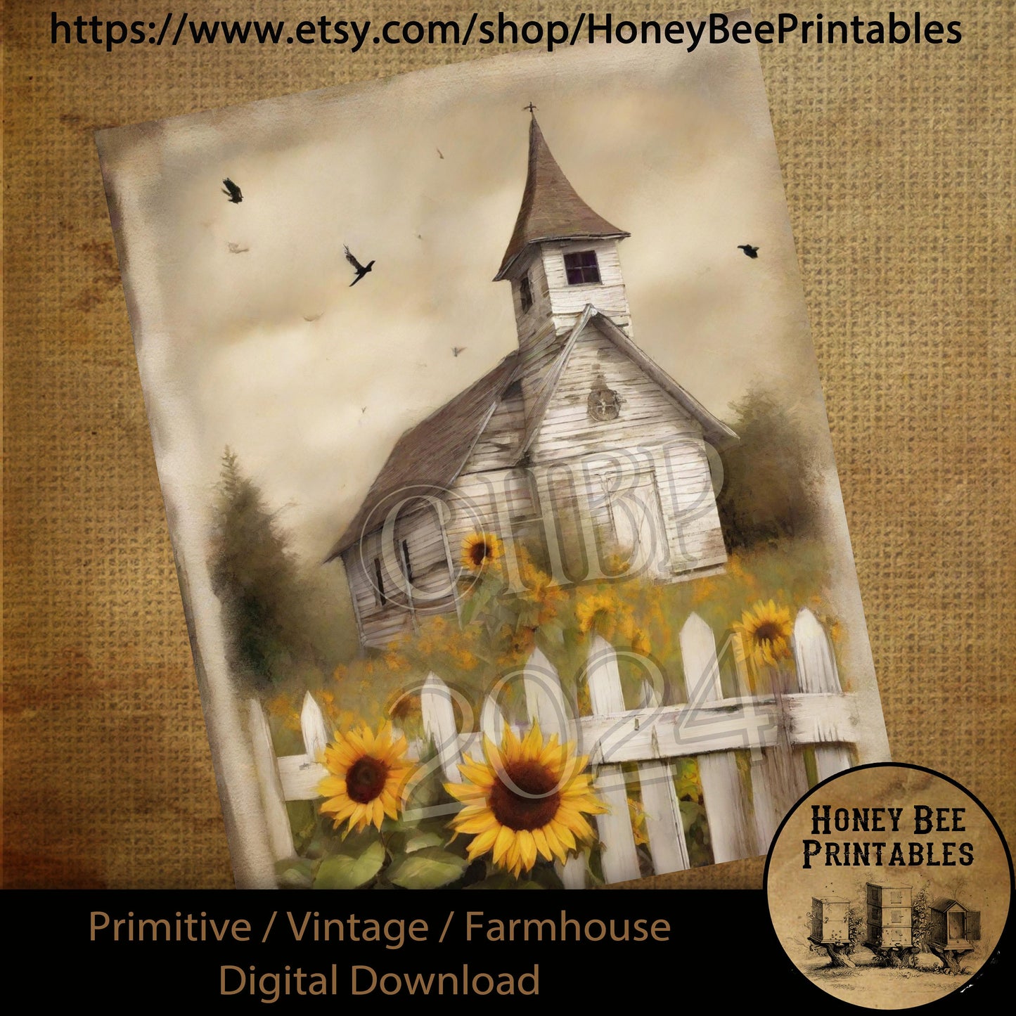 Vintage Farmhouse Digital Download Printable Sublimate Decoupage Primitive Old White Chapel, Church, Painting, Shabby, Grungy, Sunflowers