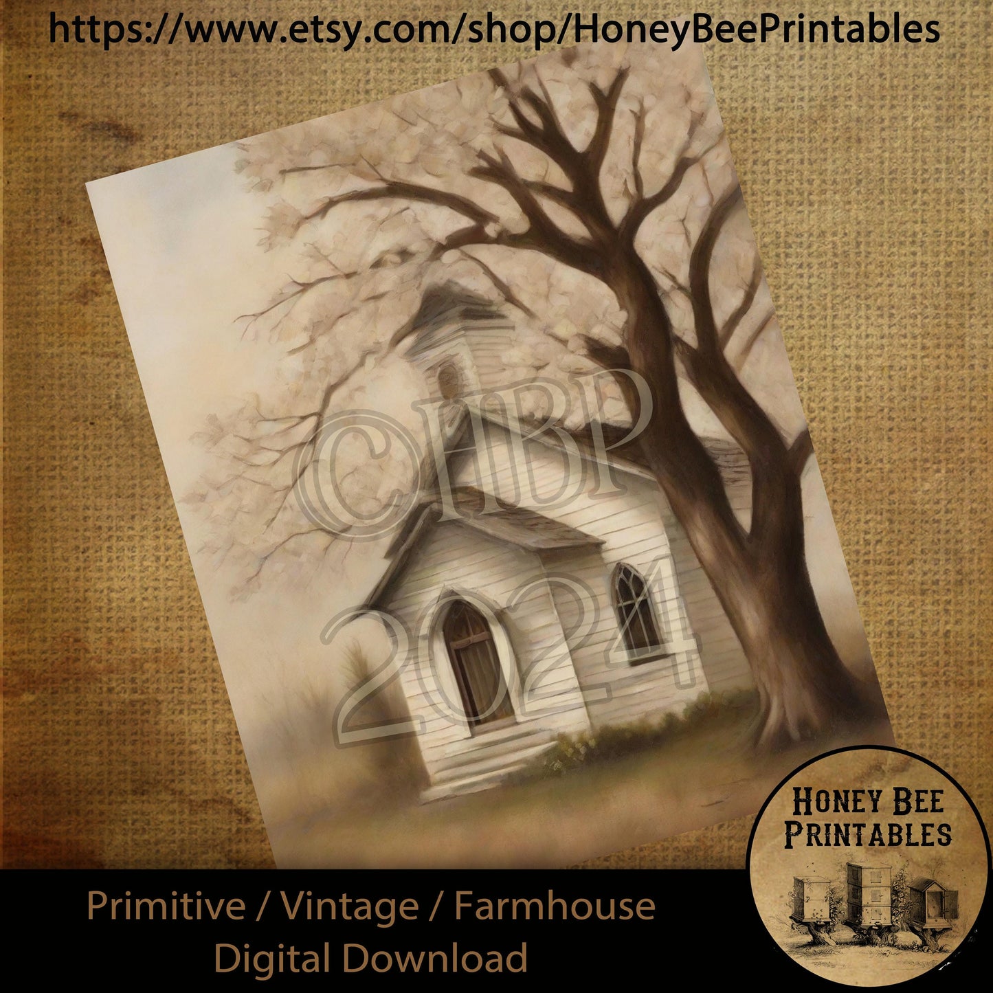 Vintage Farmhouse Digital Download Printable Sublimate Decoupage Primitive Old White Chapel, Church, Painting, Shabby, Grungy, Dogwood