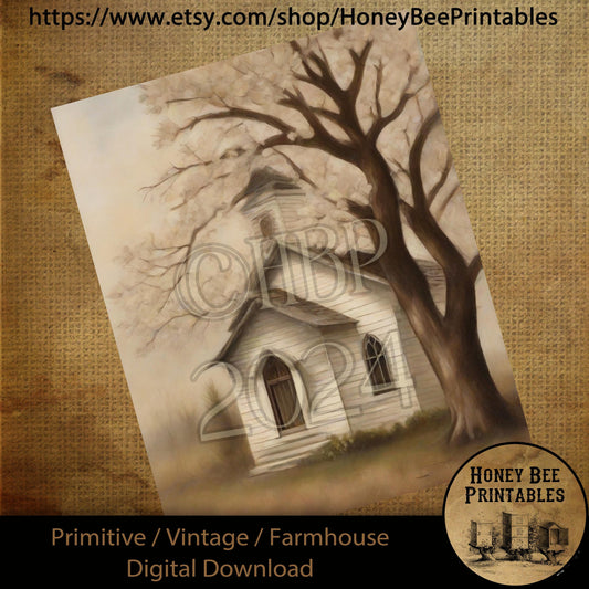 Vintage Farmhouse Digital Download Printable Sublimate Decoupage Primitive Old White Chapel, Church, Painting, Shabby, Grungy, Dogwood