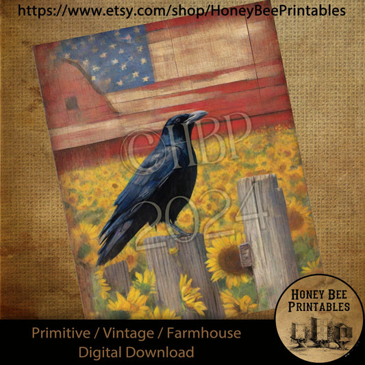 Vintage Digital Download Printable Sublimate Decoupage Primitive, Painting, Patriotic Flag, Crow, Sunflowers, Barn, Fence, Americana, USA