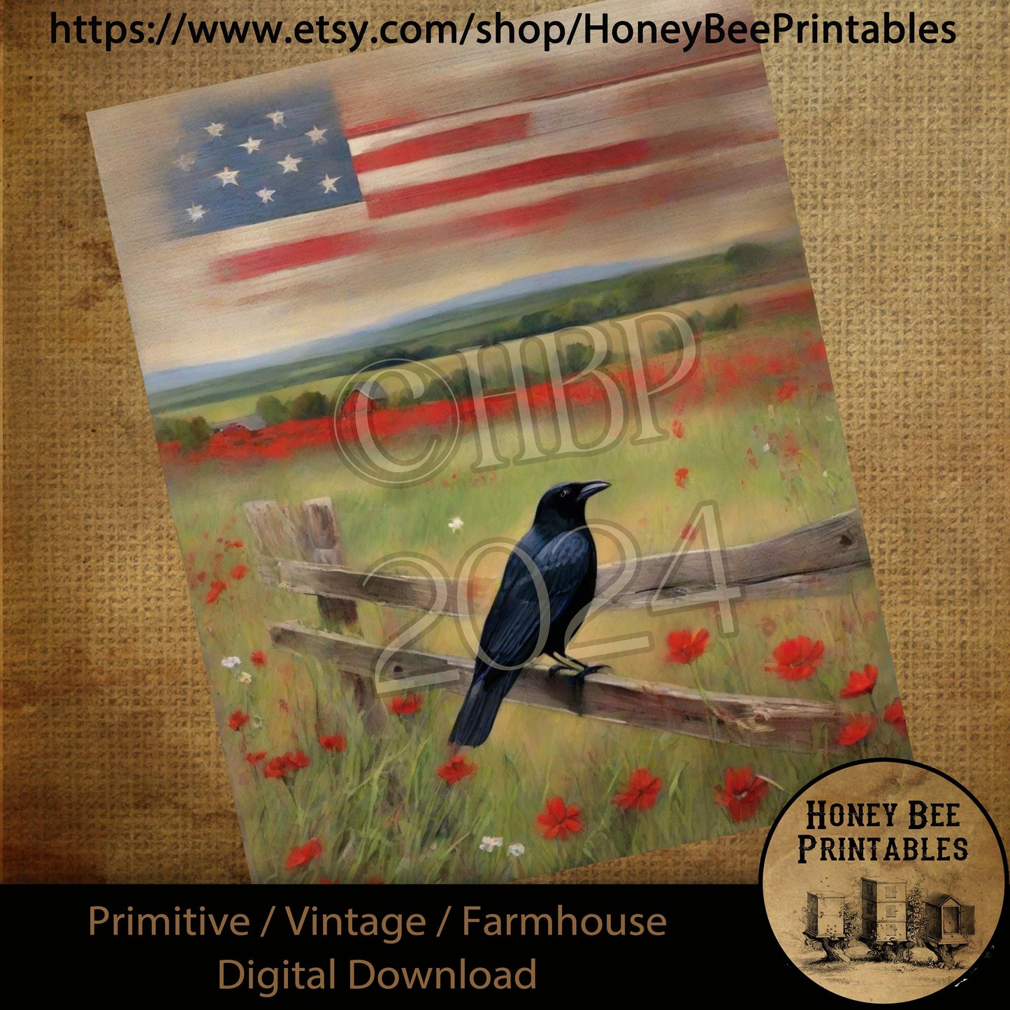 Vintage Digital Download Printable Sublimation Decoupage Primitive, Painting, Patriotic, Americana, Crown on Fence, WIldflowers, Flag, USA