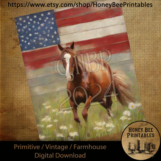 Vintage Digital Download Printable Sublimation Decoupage Primitive, Painting, Patriotic, Americana, Beautiful Galloping Horse, Wildflowers,