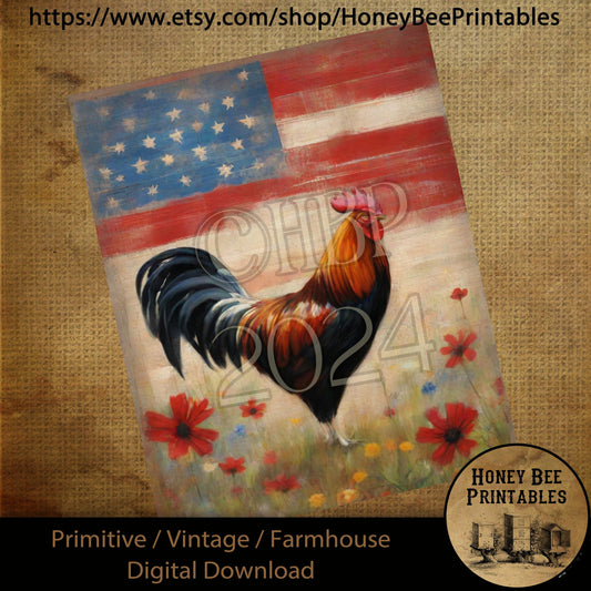 Vintage Digital Download Printable Sublimation Decoupage Primitive, Painting, Patriotic, Americana, Flag, Grungy, USA, Rooster, Wildflowers