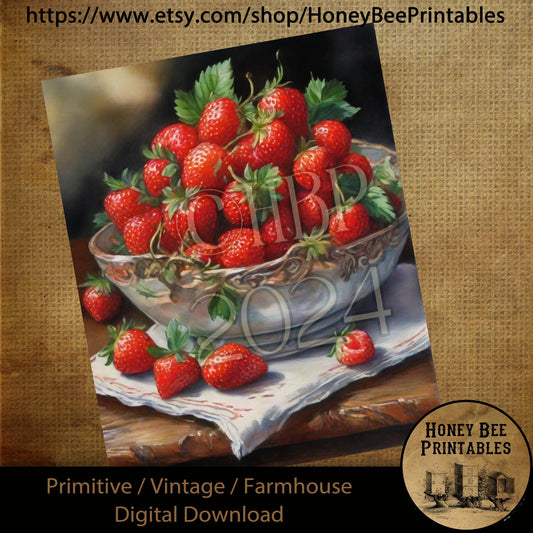 Vintage Digital Download Printable Sublimation Decoupage Primitive, Painting, Antique, Bowl of Strawberries, Berries, Blue Bowl, Wood Table