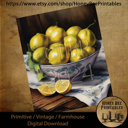 Vintage Digital Download Printable Sublimation Decoupage Primitive, Painting, Antique, Bowl of Lemons, Lemons, Blue Bowl, Wood Table