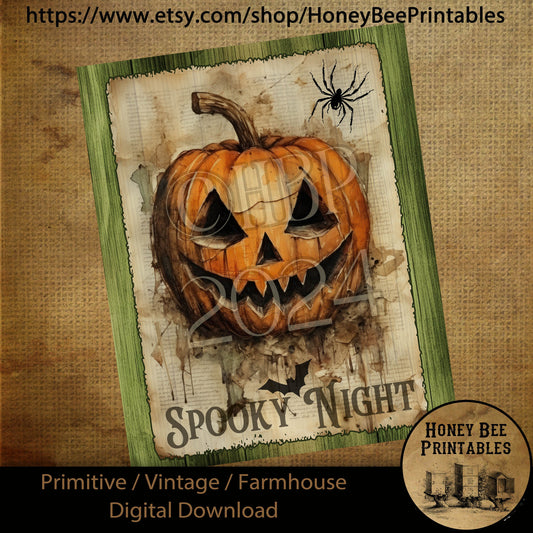 Vintage Digital Download Printable Sublimate Decoupage Primitive, Painting,Pumpkins, Fall, Autumn, Halloween, Jack-0-Lantern, Spooky Night