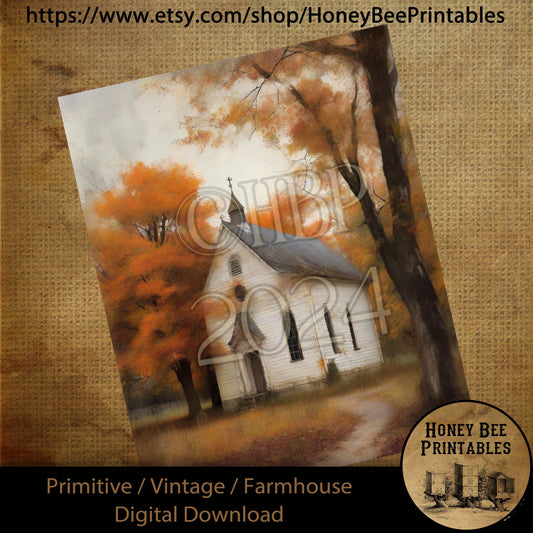 Vintage Digital Download Printable Sublimate Decoupage Primitive, Painting, Fall, Autumn, Old Rustic White Country Church, Chapel, Trees