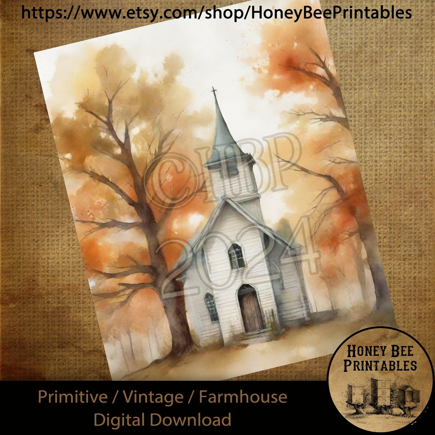 Vintage Digital Download Printable Sublimate Decoupage Primitive, Painting, Fall, Autumn, Old Rustic White Country Church, White Chapel