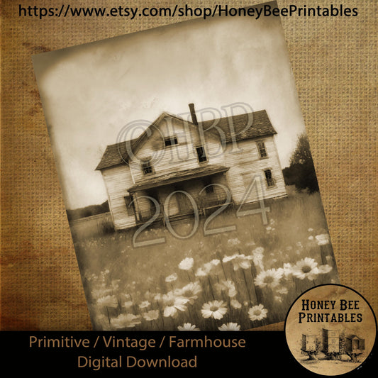 Vintage Digital Download Printable Sublimate Decoupage Primitive Old White Farm House, Painting, Shabby, House, Field of Flowers Wildflowers