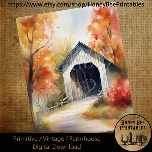 Vintage Digital Download Printable Sublimate Decoupage Primitive, Painting, Old Crow, Pumpkins, Fall, Autumn, Covered Bridge, Watercolor