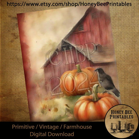 Vintage Digital Download Printable Sublimate Decoupage Primitive, Painting, Old Crow, Pumpkins, Fall, Autumn, Watercolor, Red Barn, Crow