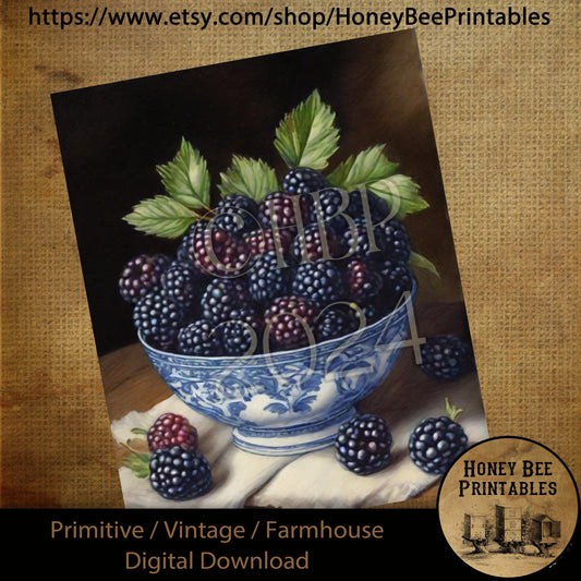 Vintage Digital Download Printable Sublimation Decoupage Primitive, Painting, Antique, Bowl of Blackberries, Berries, Blue Bowl, Towel