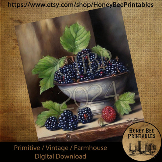 Vintage Digital Download Printable Sublimation Decoupage Primitive, Painting, Antique, Bowl of Blackberries, Berries,Pewter Bowl, Wood Table