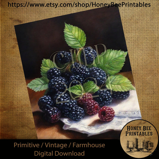 Vintage Digital Download Printable Sublimation Decoupage Primitive, Painting, Antique, Bunch of Blackberries, Berries, Wood Table, Towel