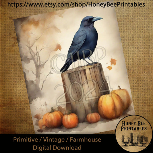 Vintage Digital Download Printable Sublimate Decoupage Primitive, Painting, Old Crow, Fall, Autumn, Watercolor, Crow on Stump, Pumpkins