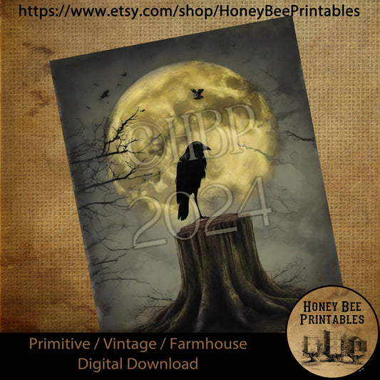 Vintage Digital Download Printable Sublimate Decoupage Primitive, Painting, Old Crow, Fall, Autumn, Watercolor, Crow on Stump, Full Moon