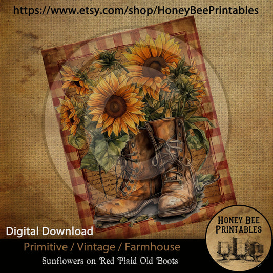 Vintage Primitive Farmhouse Digital Download Printable Sublimation Decoupage JPEG Labels JPEG Summer Flowers Grungy Sunflowers Old Boots