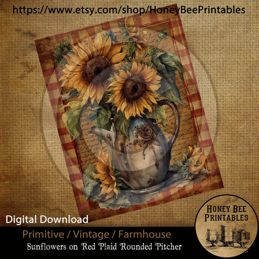 Vintage Primitive Farmhouse Digital Download Printable Sublimation Decoupage Labels JPEG Summer Flowers Grungy Sunflowers Pewter Pitcher