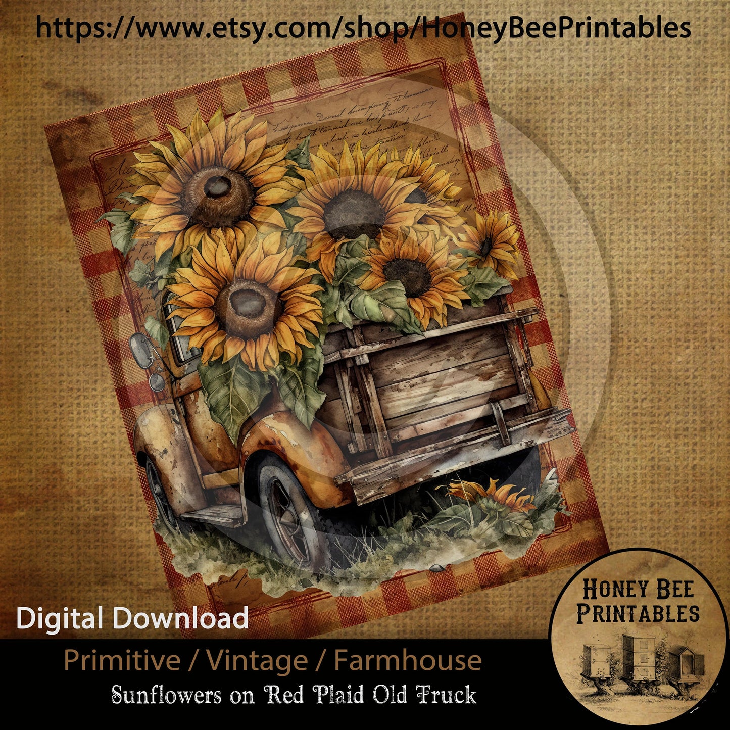 Vintage Primitive Farmhouse Digital Download Printable Sublimation Decoupage Labels JPEG Summer Flowers Grungy Sunflowers Old Junky Truck
