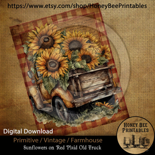 Vintage Primitive Farmhouse Digital Download Printable Sublimation Decoupage Labels JPEG Summer Flowers Grungy Sunflowers Old Junky Truck