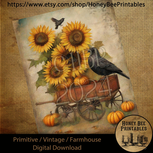 Vintage Digital Download Printable Sublimate Decoupage Primitive, Painting, Fall, Autumn, Watercolor, Halloween, Wagon, Sunflowers, Crow