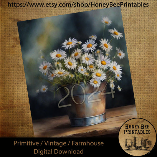 Vintage Digital Download Printable Sublimate Decoupage Primitive, Oil Painting, Primitive, Bucket of Daisies, Daisies, Daisy, Still Life