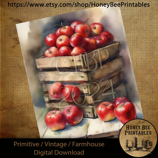 Vintage Digital Download Printable Sublimate Decoupage Oil Painting, Primitive, Crate of Red Apples, Crate, Apples, Old Crate, Still Life