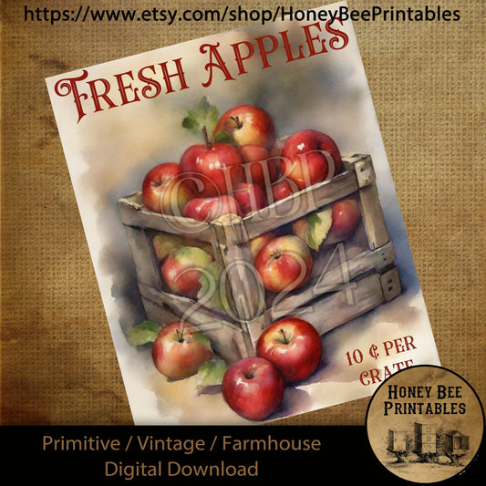 Vintage Digital Download Printable Sublimate Decoupage Oil Painting, Primitive, Crate of Red Apples, Crate, Fresh Apples, Still Life