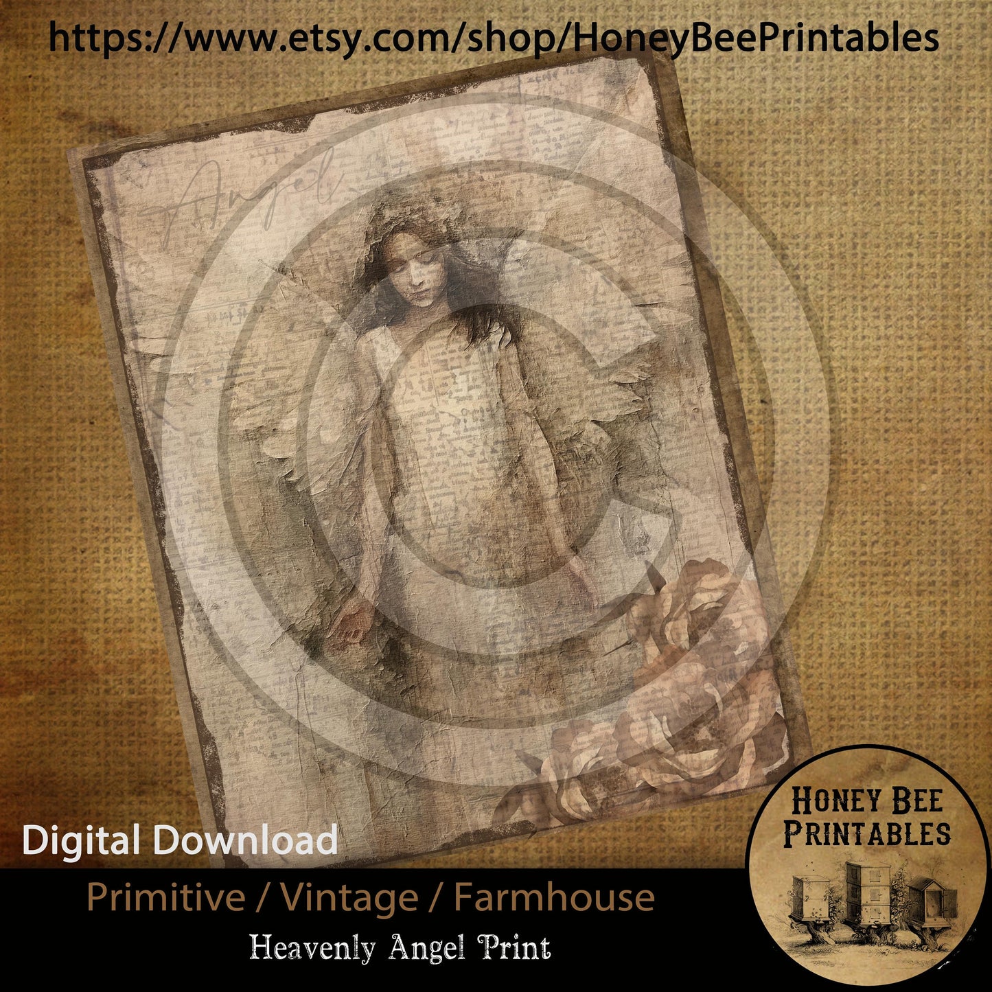 Vintage Primitive Farmhouse Digital Download Printable Sublimation Decoupage Labels JPEG Beautiful Heavenly Angel Flowers Distressed Grunge
